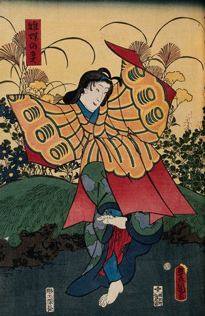 view A young female role actor performing a butterfly dance. Colour woodcut by Kunisada, 1860.