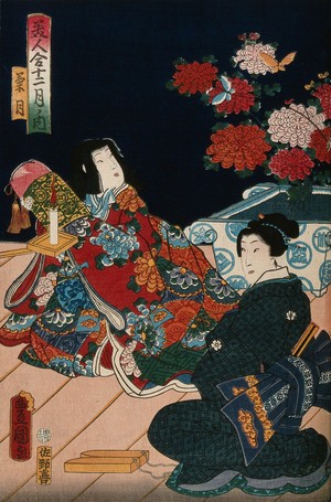 view On the right the woman with clappers is seated on the Kabuki stage; a female role actor plays the young princess to the left. Colour woodcut by Kunisada, 1860.