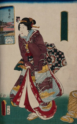 view A woman trying on a new pair of sandals and an inset view of Edo. Colour woodcut by Kunisada, 1857.