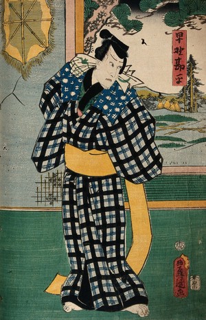 view An unidentified actor as Hayano Gampei in the poor house, tying on his sash (obi). Colour woodcut by Kunisada, 1859.