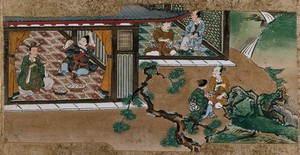 view A seated Chinese visitor threatens to cut his own throat in front of his host. Gouache painting by a Chinese artist, ca. 1850.