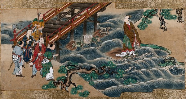 A Chinese holy man is carried by a turtle across the river, while passers-by look on, astonished. Gouache painting by a Chinese artist, ca. 1850.