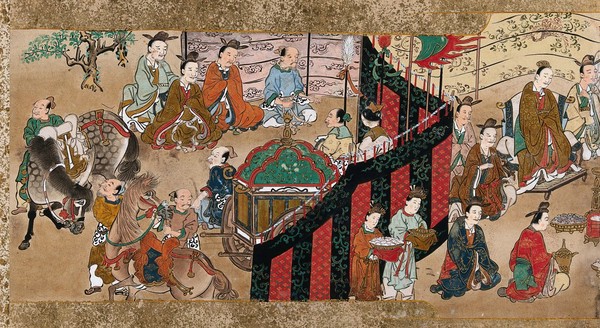 Chinese seated figures wait outside a royal tent. Gouache painting by a Chinese artist, ca. 1850.