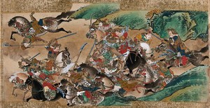 view A fierce battle between soldiers on horses. Gouache painting by a Chinese artist, ca. 1850.