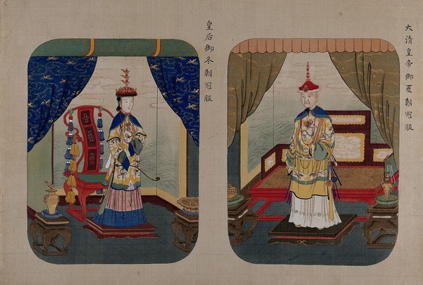 A high-ranking official and his wife. Gouache painting.