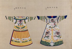 view Two Chinese costumes. Gouache painting.