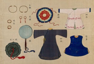 view Chinese tunics and paraphernalia. Gouache painting.