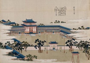 view A Buddhist monastery. Gouache painting.