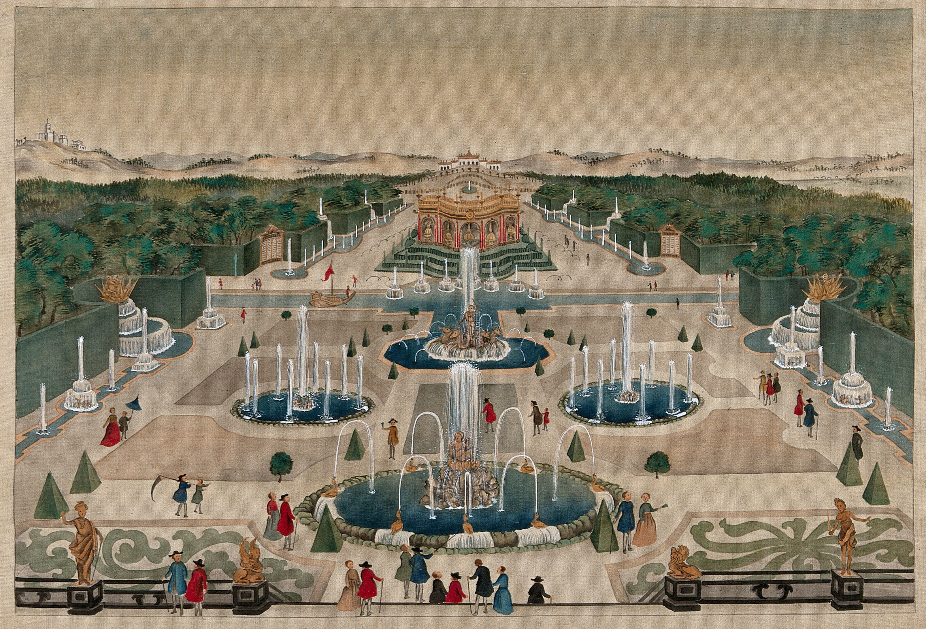 The Gardens Of A European Palace With Many Fountains And With