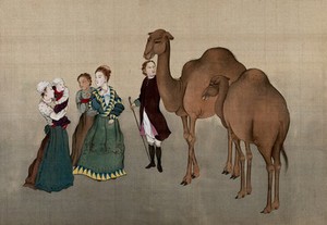 view A European family in nineteenth century dress, inspecting two camels. Gouache painting.