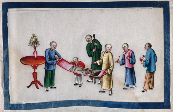 Chinese figures inspecting a painted scroll. Painting by a Chinese artist, ca. 1850.