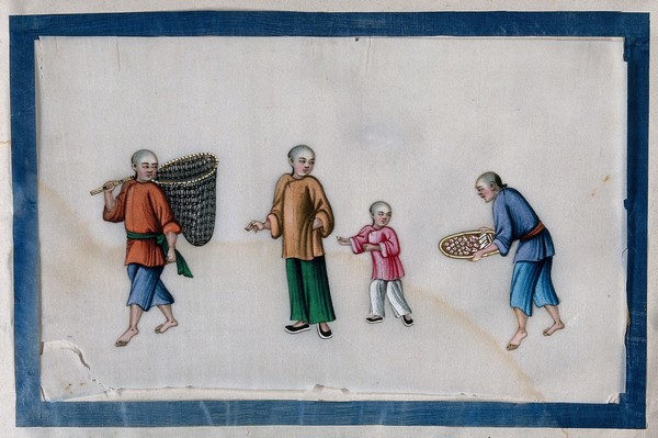Four Chinese figures, one with net, another with a tray. Painting by a Chinese artist, ca. 1850.