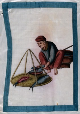 A Chinese fishmonger. Painting by a Chinese artist, ca. 1850.