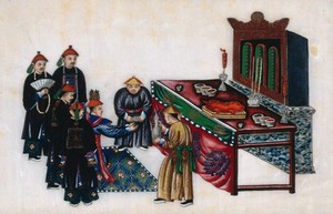 view A Chinese religious ritual. Painting by a Chinese artist, ca. 1850.