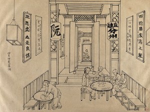 view A Chinese kitchen. Brush drawing by Chinese artist, ca. 1850.