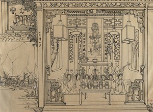 view A Chinese religious ceremony with seven women kneeling on the ground. Brush drawing by Chinese artist, ca. 1850.