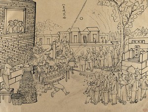 view A Chinese street show with fireworks and dragon costumes. Brush drawing by Chinese artist, ca. 1850.