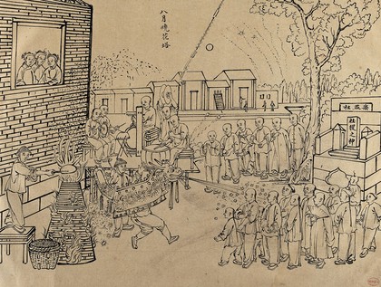 A Chinese street show with fireworks and dragon costumes. Brush drawing by Chinese artist, ca. 1850.