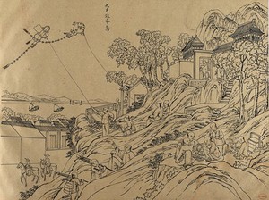 view A Chinese kite flying competition. Brush drawing by Chinese artist, ca. 1850.