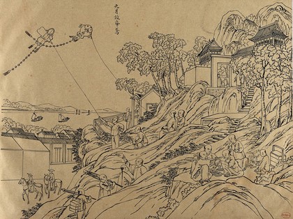 A Chinese kite flying competition. Brush drawing by Chinese artist, ca. 1850.