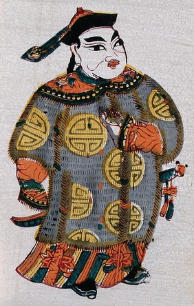 A Chinese talisman featuring a man in a fur coat. Colour woodcut by a Chinese artist.