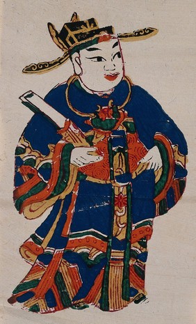 A Chinese talisman of a man in blue robes. Colour woodcut by a Chinese artist.