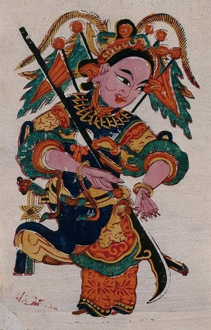 view A Chinese talisman of an angel with a cudgel. Colour woodcut by a Chinese artist.