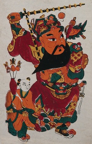 view A Chinese talisman of a warrior with sword. Colour woodcut by a Chinese artist.