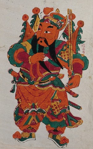 view A Chinese talisman of a warrior with sword. Colour woodcut by a Chinese artist.