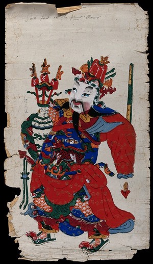 view A Chinese lucky charm in the form of warrior with sword. Coloured woodcut by a Chinese artist.