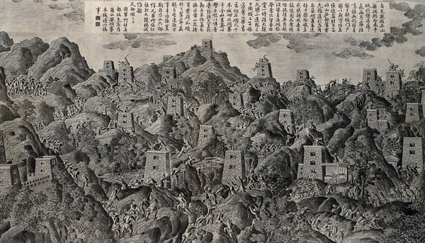 Chinese fortresses under siege. Engraving.