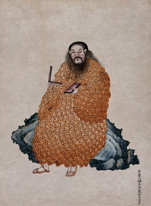 view A Chinese deity dressed in a coat of bird's feathers and sitting on a rock. Painting by a Chinese artist.