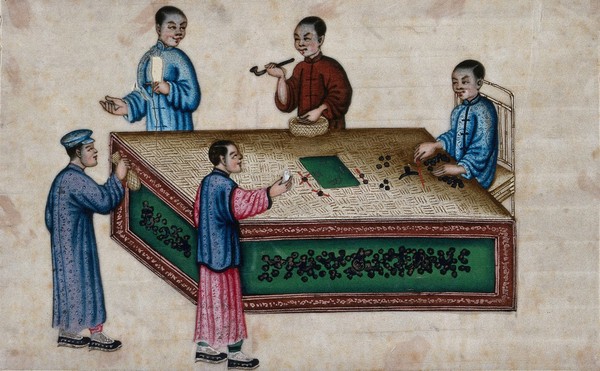 Five Chinese figures play a board game. Painting by a Chinese artist, ca. 1850.