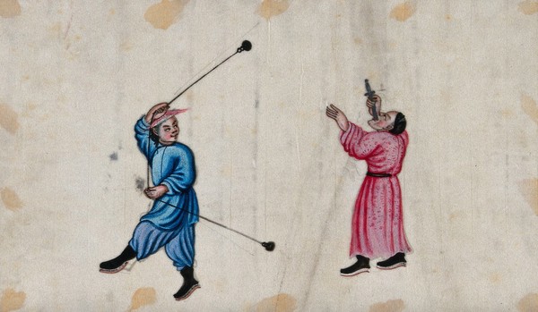 Chinese sword-swallower and entertainer swinging a rope with cast metal weights attached to it. Painting by a Chinese artist, ca. 1850.