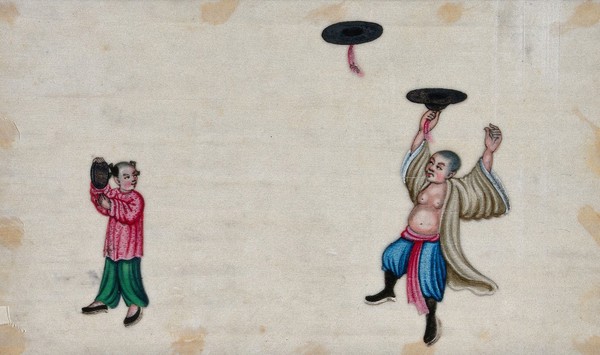 A Chinese entertainer spinning hats in the air with the assistance of a girl. Painting by a Chinese artist, ca. 1850.