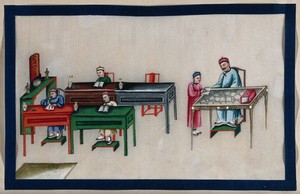 view A Chinese class room for infants. Painting by a Chinese artist, ca. 1850.
