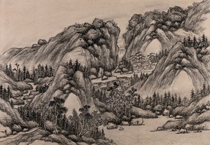 view A Chinese landscape of hills and forests. Gouache by a Chinese artist, ca. 1850.
