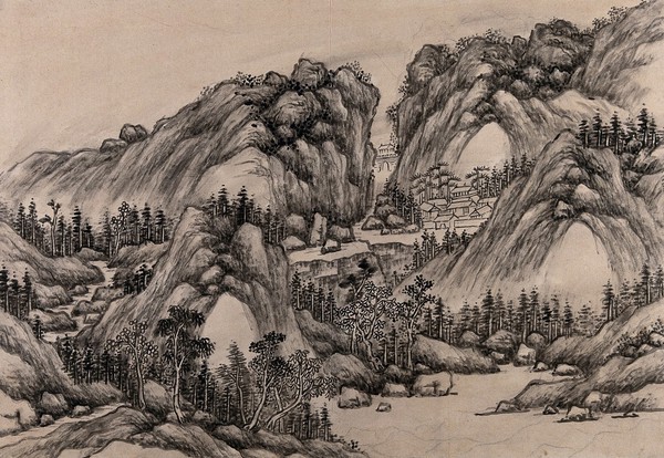 A Chinese landscape of hills and forests. Gouache by a Chinese artist, ca. 1850.