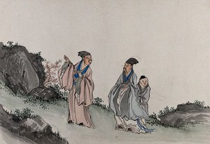 view Two Chinese sages, with an assistant in a garden. Gouache by a Chinese artist, ca. 1850.