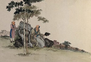 view A Chinese sage is offered food in a garden. Gouache by a Chinese artist, ca. 1850.