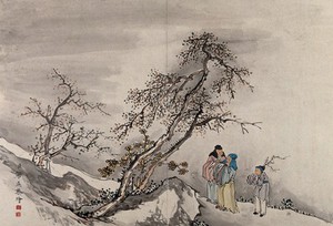 view Two Chinese sages, with an assistant in front of a tall tree. Gouache by a Chinese artist, ca. 1850.