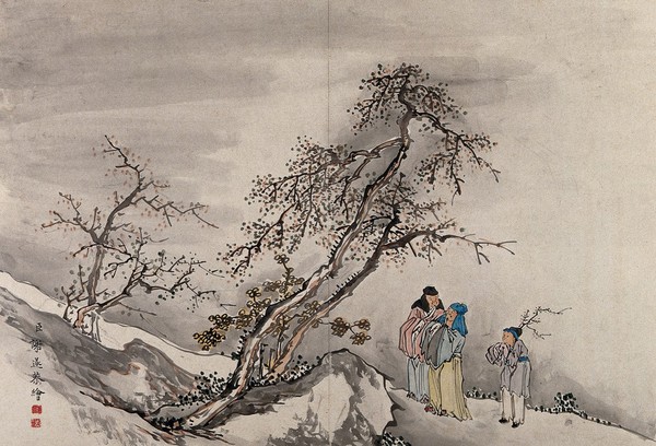 Two Chinese sages, with an assistant in front of a tall tree. Gouache by a Chinese artist, ca. 1850.