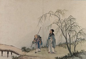 view A Chinese sage, in conversation with a traveller on the road. Gouache by a Chinese artist, ca. 1850.