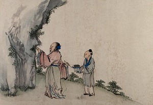 view A Chinese artist assisted by a young man. Gouache by a Chinese artist, ca. 1850.