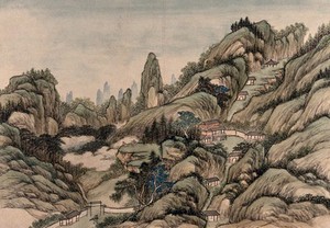 view A Chinese landscape with green hills and small buildings. Gouache by a Chinese artist, ca. 1850.