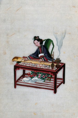 view A Chinese woman playing a zither. Painting by a Chinese artist, ca. 1850.