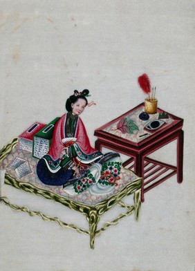 A Chinese woman seated on a bed with writing implements. Painting by a Chinese artist, ca. 1850.