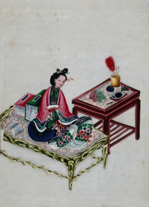view A Chinese woman seated on a bed with writing implements. Painting by a Chinese artist, ca. 1850.