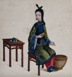 view A Chinese lady at winding up a yarn. Painting by a Chinese artist, ca. 1850.