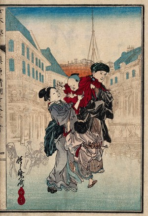 A city with western-style buildings (in Japan?), in which a western couple  are observed by Japanese. Woodcut after Kyōsai (Gyōsai), 1874.